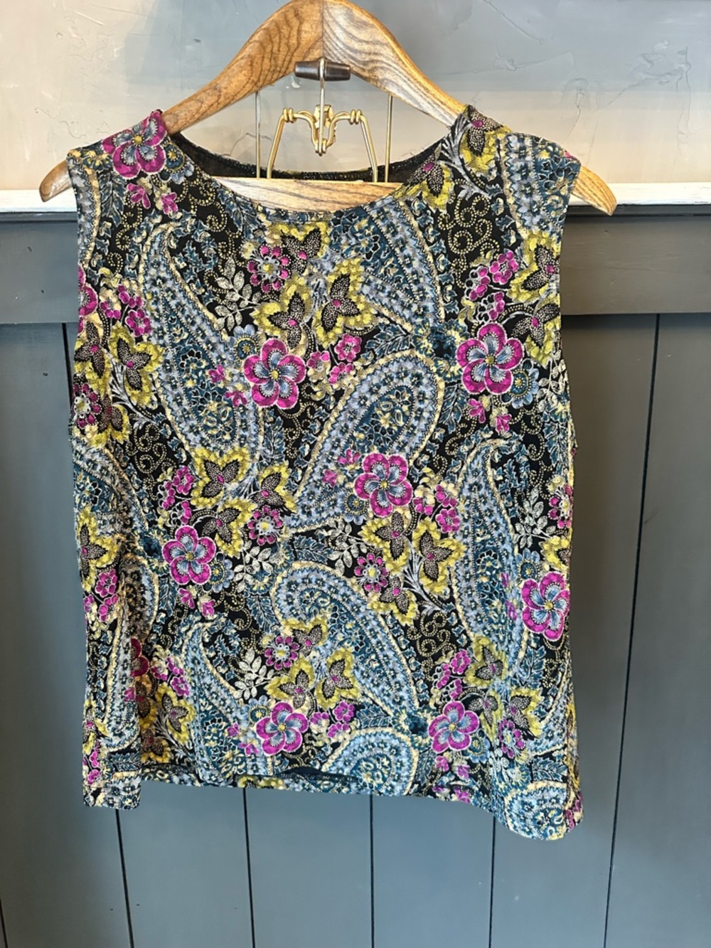 Vintage Floral Paisley Sleeveless Top Women's Size XL Black Pink Yellow
